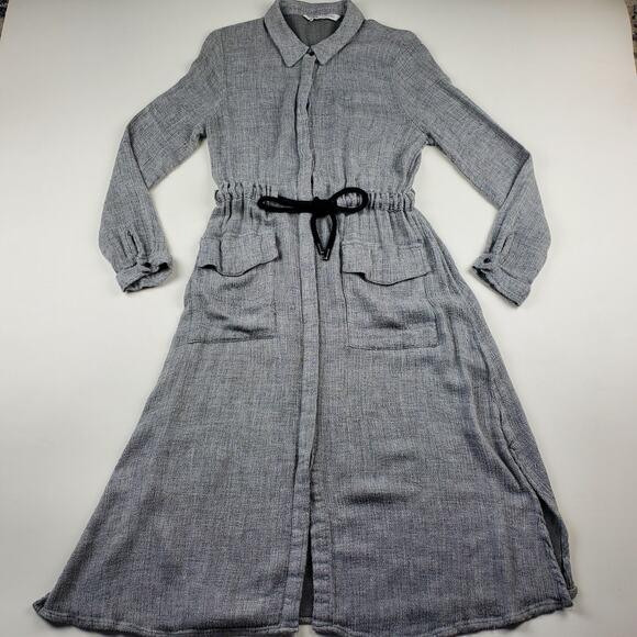 Zara Belted Shirt Dress Button Up Pocket Midi Gray Lightweight Boho Women Medium - Picture 2 of 11